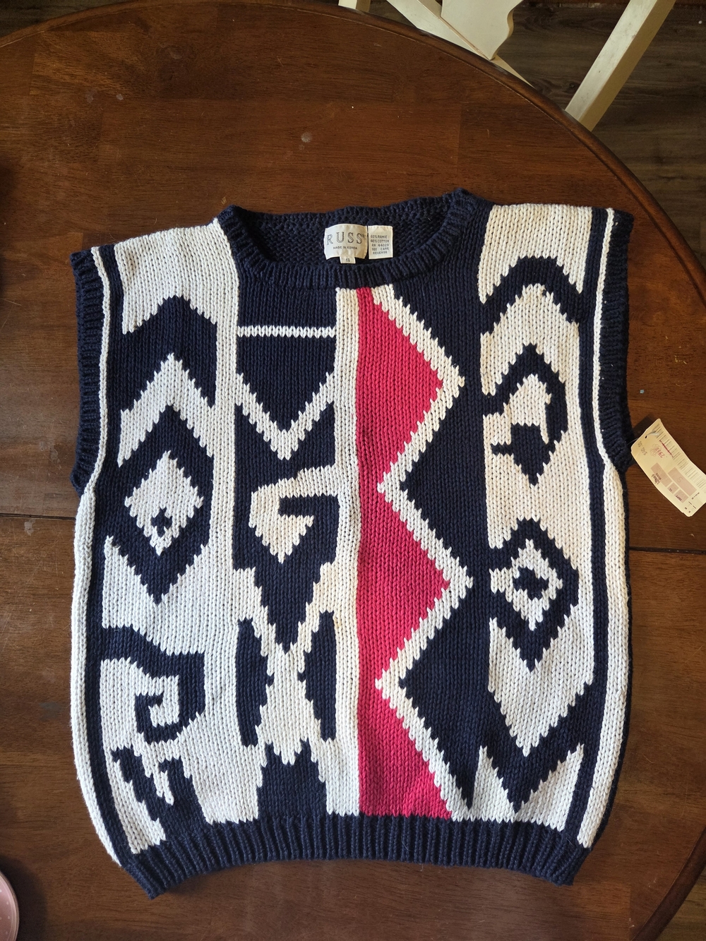 Vintage Russ Knit Geometric Vest in Navy, White & Red